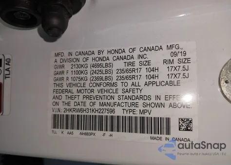 2019 Honda Cr-V Lx из США, поврежденный, VIN 2HKRW6H31KH227596